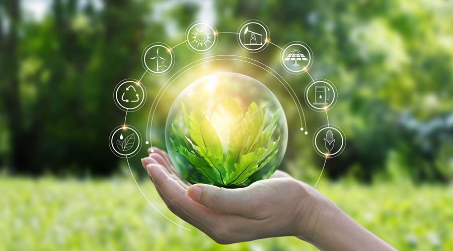 Hand hält in der Natur eine grüne Glaskugel mit Blätter in der Hand